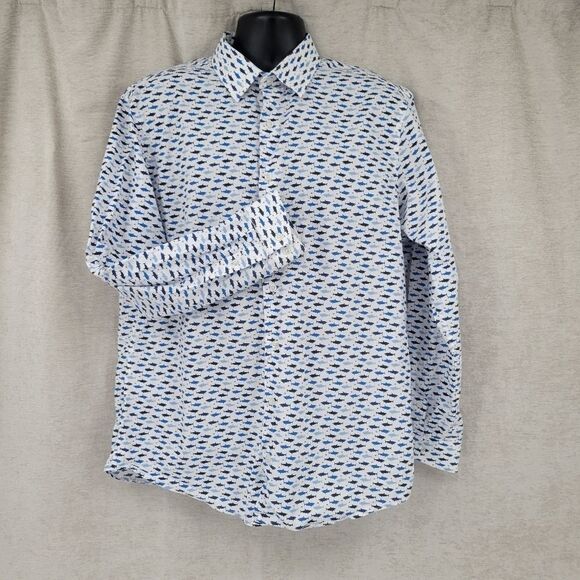 BEN Sherman Men's White with Blue Sharks Long Sleeve Button down - Picture 1 of 9